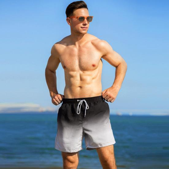 Men Beach Shorts Gradient Contrast Color Drawstring Elastic Waist Casual Daily Wear Pockets Thin Knee Length Summer Shorts Men Vacation Shorts