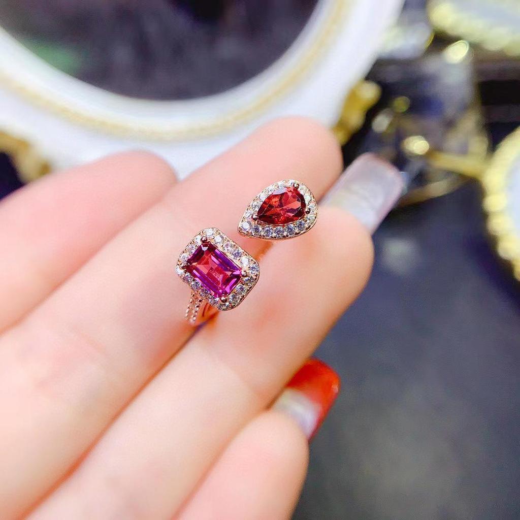 S925 Silver Adjustable Women's Ring with Micro-Paved Garnet Rectangular Teardrop