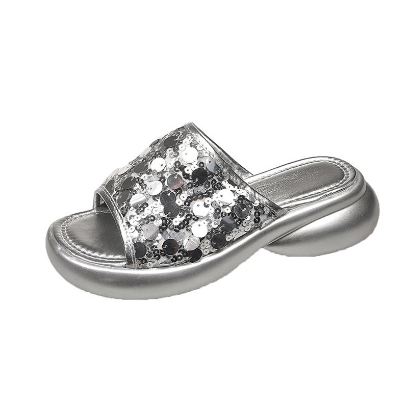 Soft Sole Boost Platform Slippers Summer Fashion Outer Wear Round Toe Open Toe Sequin Platform Slip Sandals