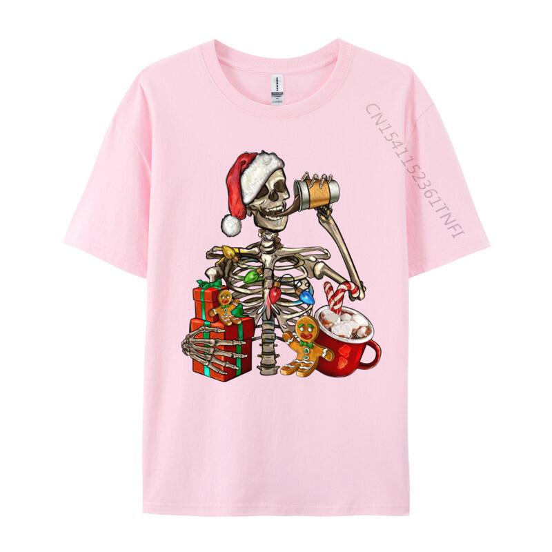 Christmas Skeleton With Smiling Skull Drinking Coffee Latte T Shirts Graphic Tshirt Hip Hop T Shirt Homme Cotton Oversized
