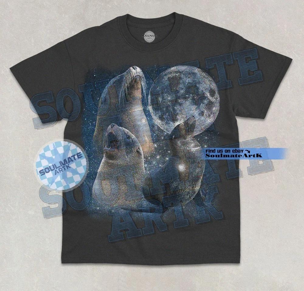 Three Seals Moon T-Shirt Funny Sea Animal Moon Parody Graphic Unisex Shirt XL