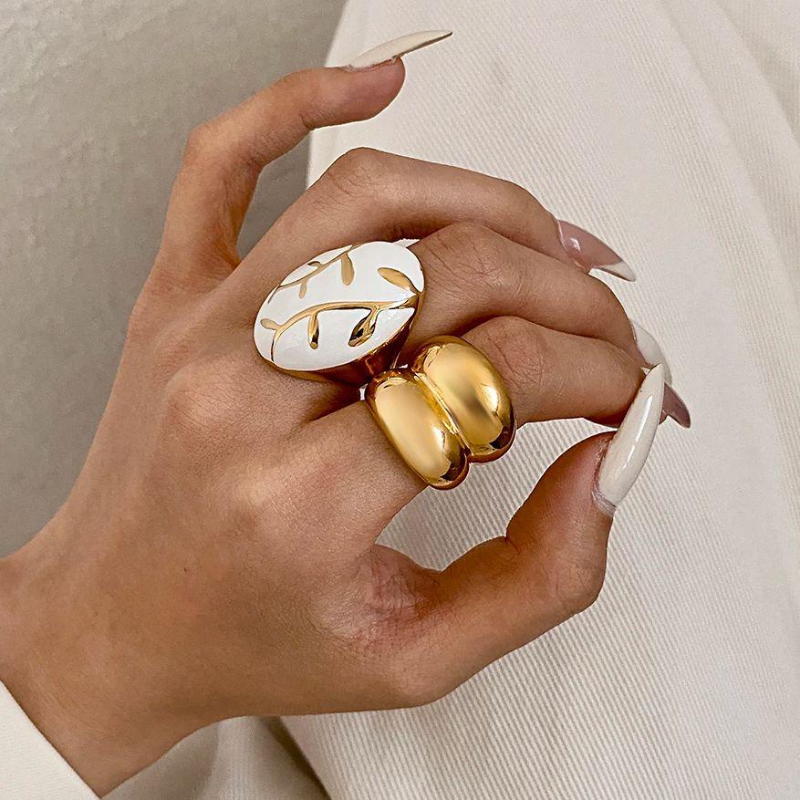 FLASHBUY New Trend Creative Chic Gold Color Curve Irregular Geometric Love Leaf Stainless Steel Unique Ring Fashion Zircon Gift