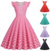 Vestido Feminino Retrô com Decote Quadrado, Manga de Renda, Estampa de Bolinhas, Saia Rodada, Cinco Cores