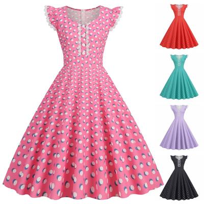 Women's Retro Square Neck Lace Sleeve Polka Dot Printing Pendulum Dress Five Colors