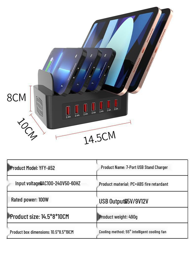 

10-слотовое USB-зарядное устройство и настольный органайзер с Type-C для планшетов и телефонов 7 Ports Stand (100W)