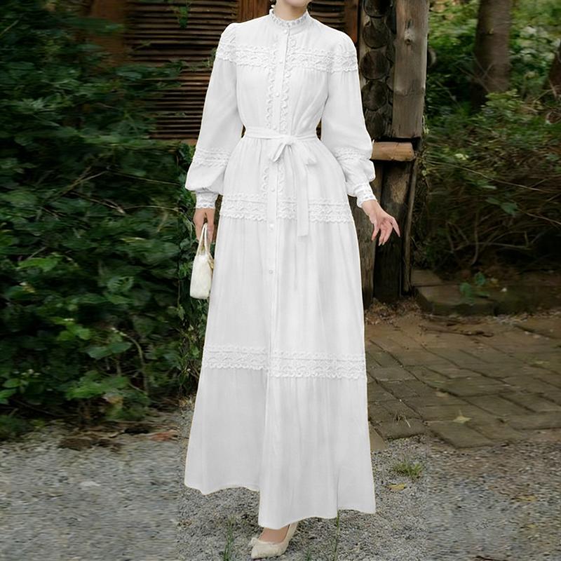 ZANZEA Women Casual Round Neck Long Sleeve Lace Patchwork Long Dress S белый