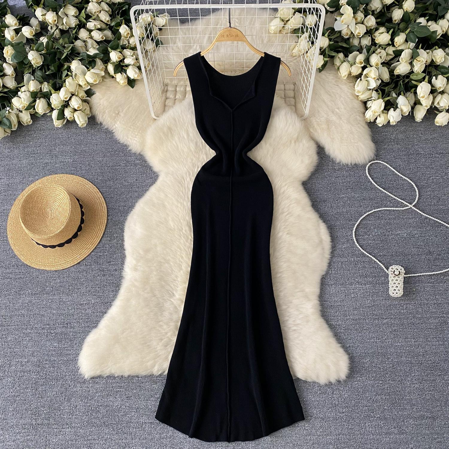 

Foamlina Pure Color Knitting Dress для женщин Элегантный V-образный вырез без рукавов Летняя мода Тонкий вырез вечернее длинное платье One Size чёрный