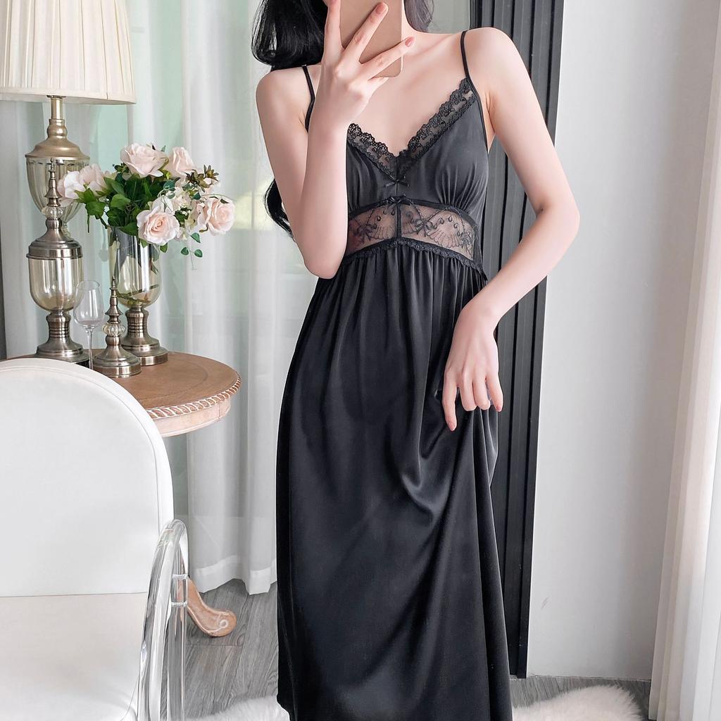 Spring and summer Japanese sweet suspender nightgown women's sexy thin suspender ice silk nightdress pure desire style nightgown long sleeves