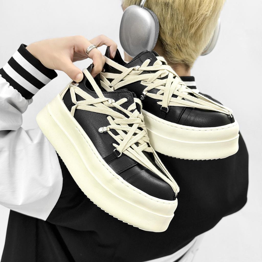 Fashion Fashion Couple Shoes Leather Low-top Platform Women's Men's Shoes Black White Lace-up High Quality Casual Thick Sole Board Shoes