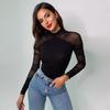 Spring Summer Sheer Mesh Sleeve Mock Neck Bodysuit Ruched Long Sleeve Bodycon Top