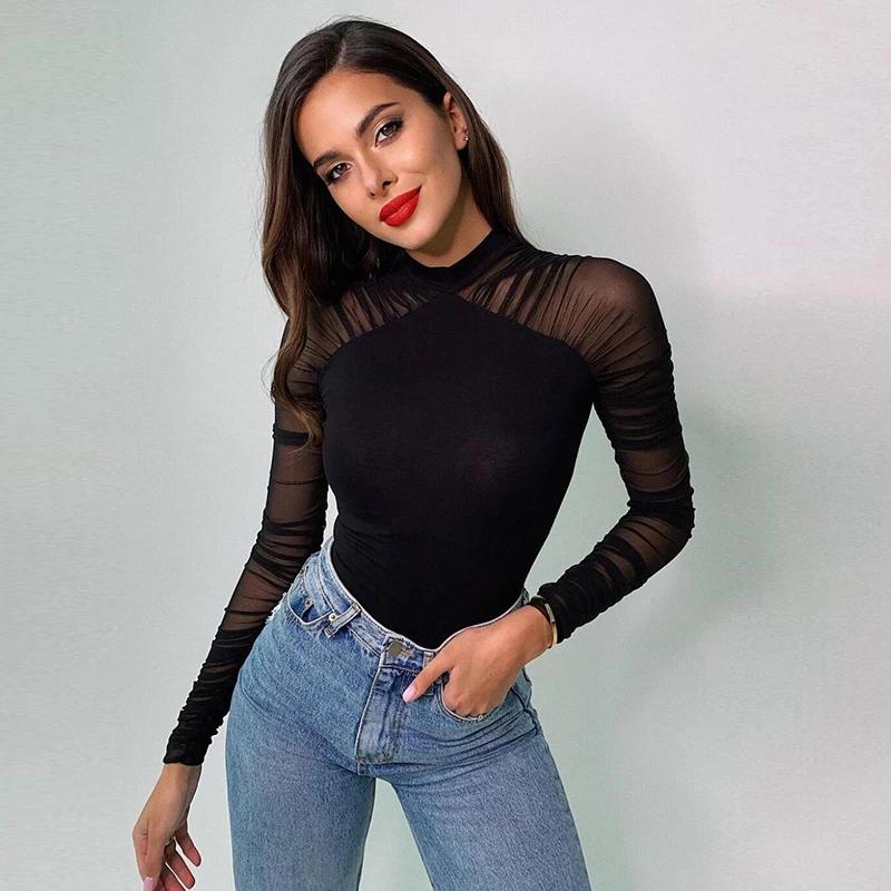 Spring Summer Sheer Mesh Sleeve Mock Neck Bodysuit Ruched Long Sleeve Bodycon Top