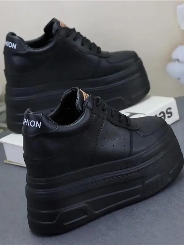 Fashion 12CM Platform Wedge Sneakers Microfiber Leather Comfy Breathable Skate Board Vulcanized Chunky Hidden Heel Block Shoes