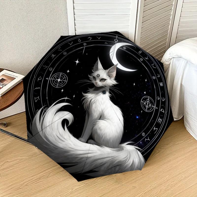 1 шт. Магический автоматический складной зонт  Лунная кошка , Прочная железная рама с 8 спицами, Подходит для путешествий, Ежедневного использования, День рождения, Подарок-декор m0104001