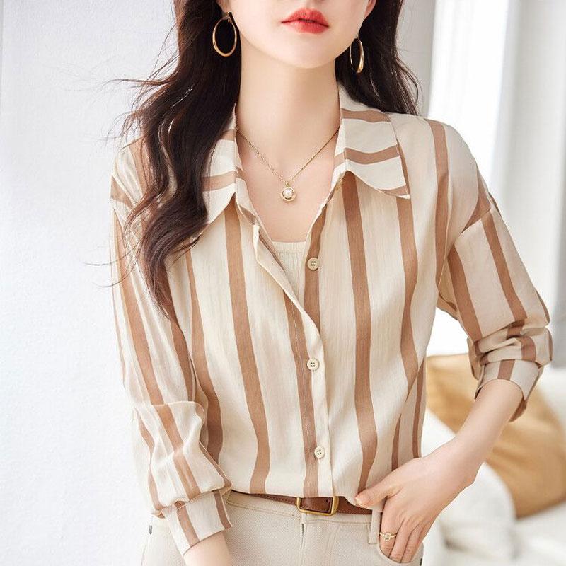 Pendler Koreansk Stripet Skjorte Dameklær Casual Løs Enkeltspent Vår Sommer Mote Polokrage Allsidig Bluse