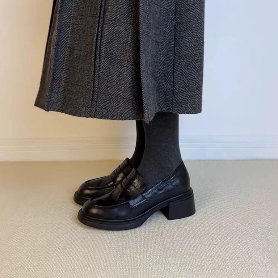 Sheepskin version~ New retro thick-heeled loafers, women's one-pedal round-headed single shoes, genuine leather commuting lazy small leather shoes