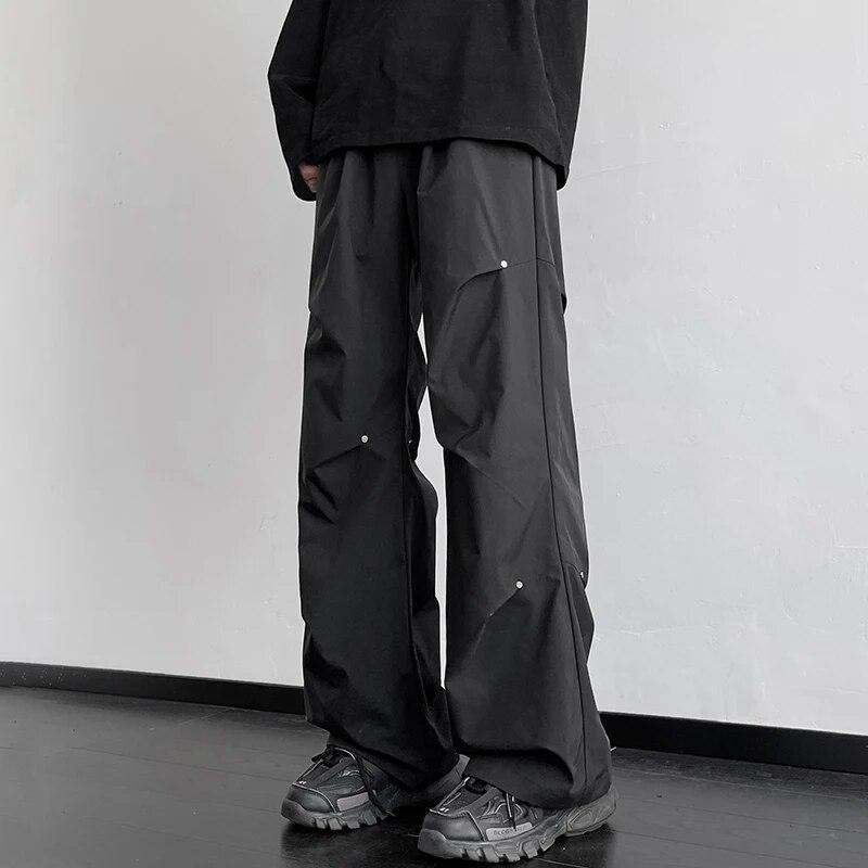 2026 Spring Straight Casual Pants For Men Wide Leg Solid Color Cargo Pants Elastic Waist Harajuku Men s Pants M чёрный