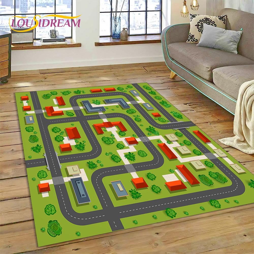 City Traffic Road Map Runway Child PlayMat Highway Playroom Area Rug,Carpet Rug for Living Room Bedroom Sofa Doormat, Non-slip
