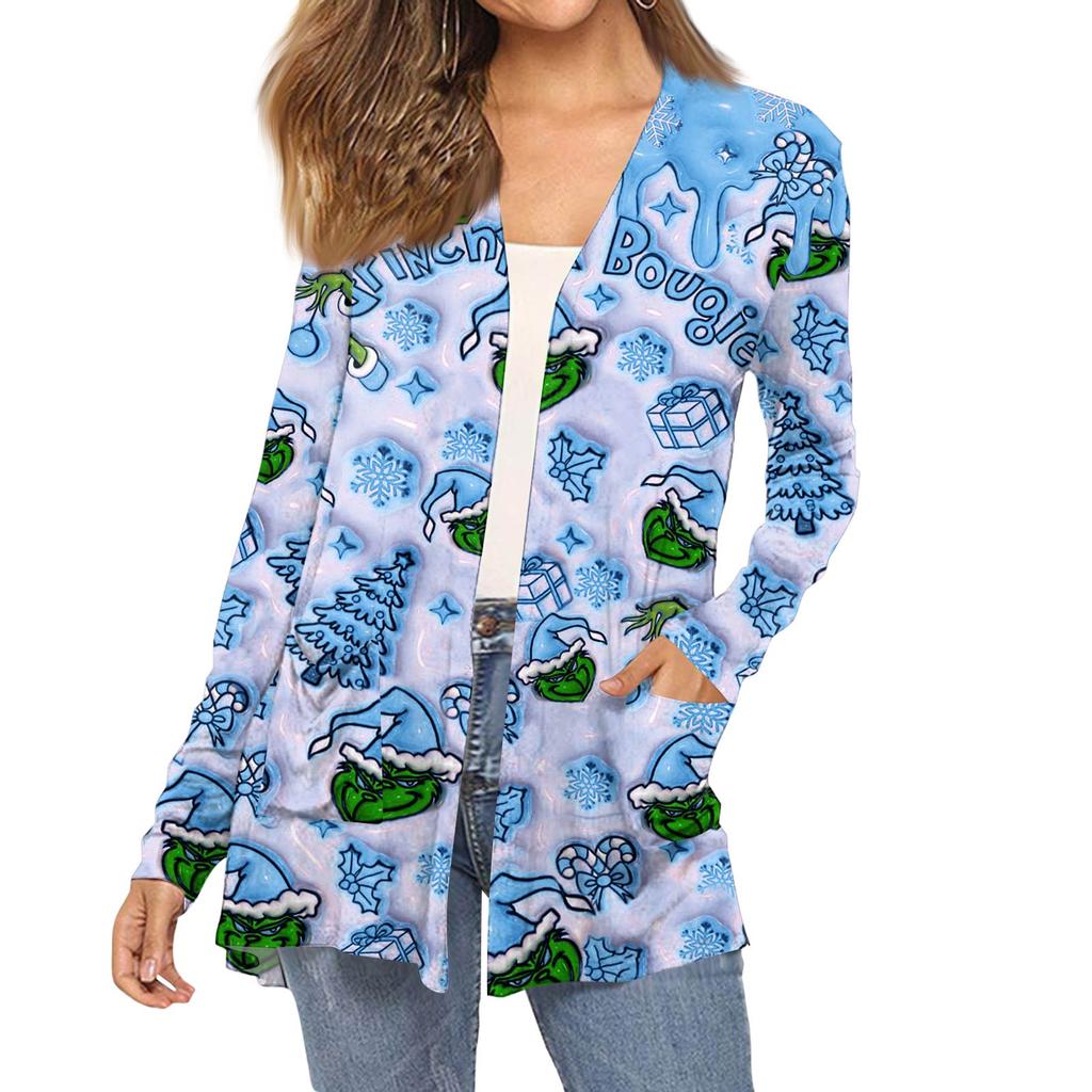 Women's Fashion Christmas Print Long-Sleeved Pocketed Slim-Fit Cardigan Coat