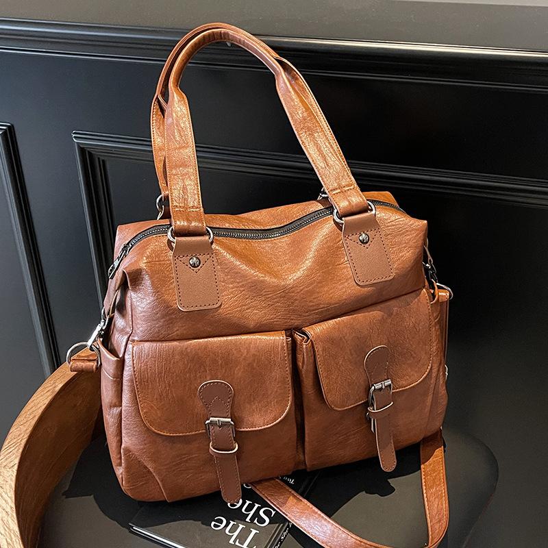 Vintage tote bag women's large-capacity multi-pocket shoulder bag women's commuting soft leather oblique straddle handheld women's bag