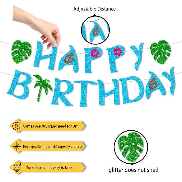 Happy Birthday Banner-Glitter Moana Birthday Decorations,Moana Party Decor for Moana Theme Decorations,Hawaiian Party Decorations Baby Shower Decor