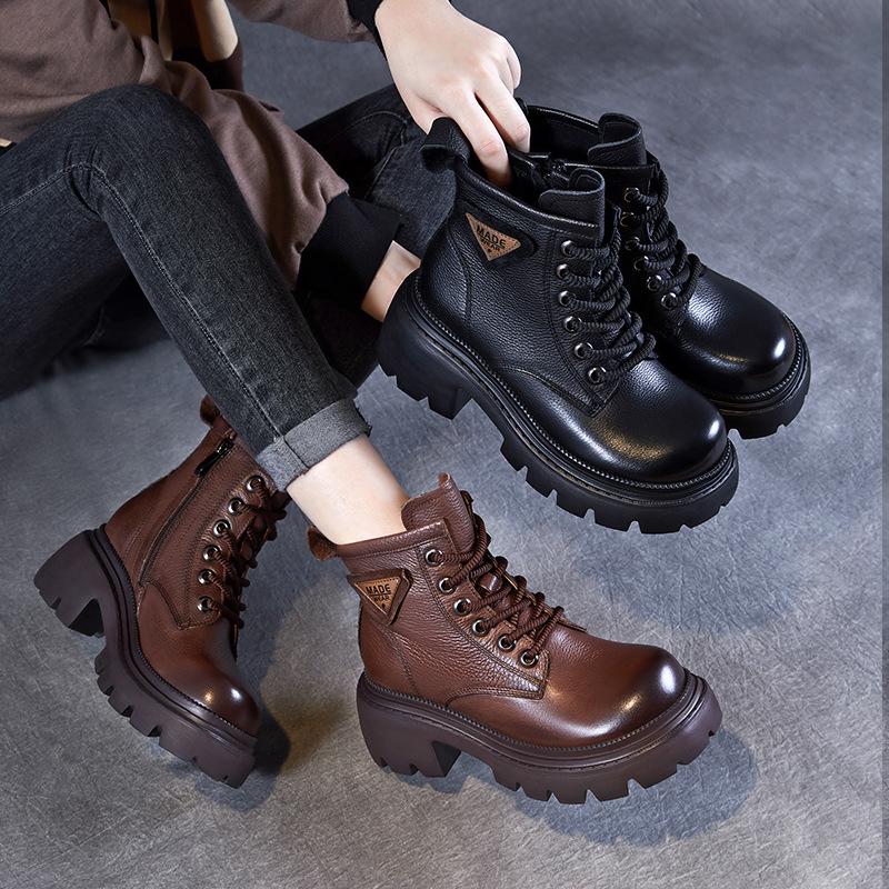Leather hole platform Martin boots women's autumn new lace-up locomotive boots thick heel heightening British style short boots