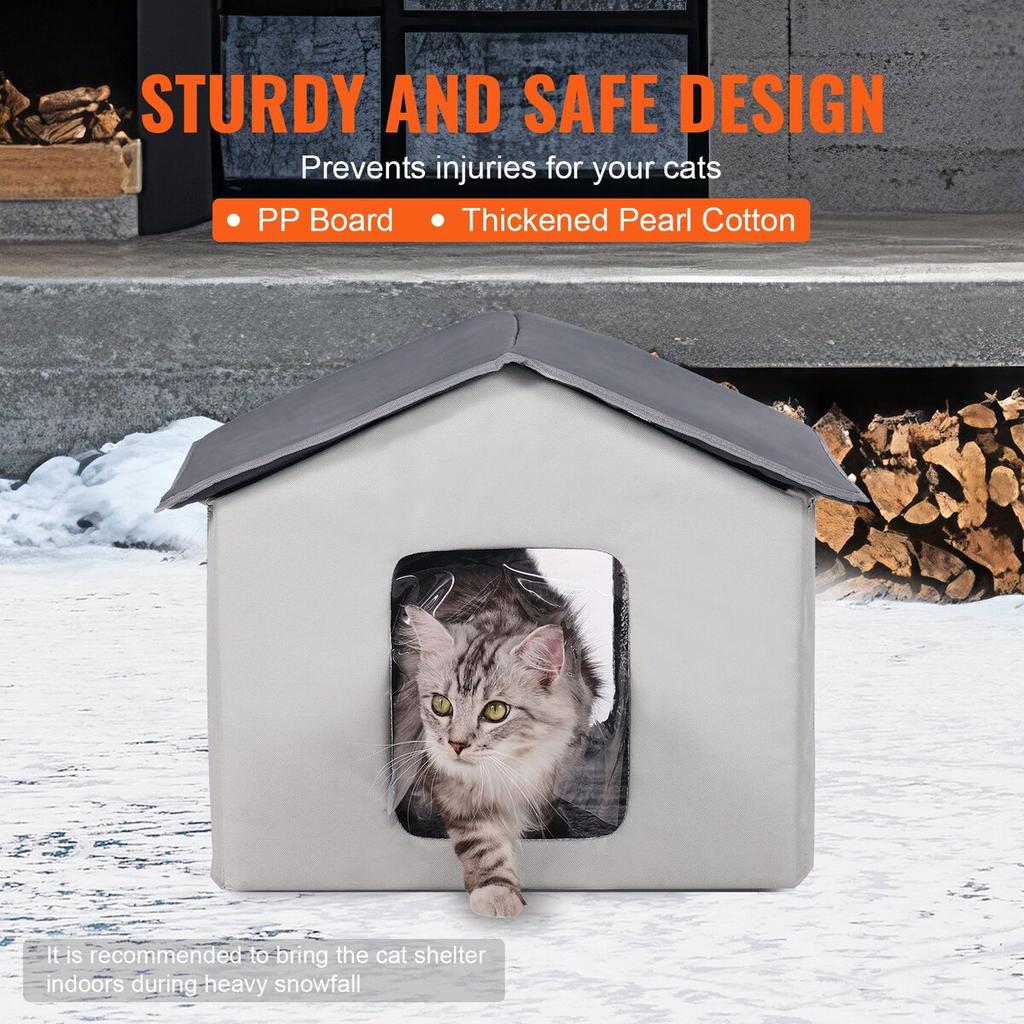 Heated Cat House Foldable Kitty Shelter with Heated Pad Gray Middle