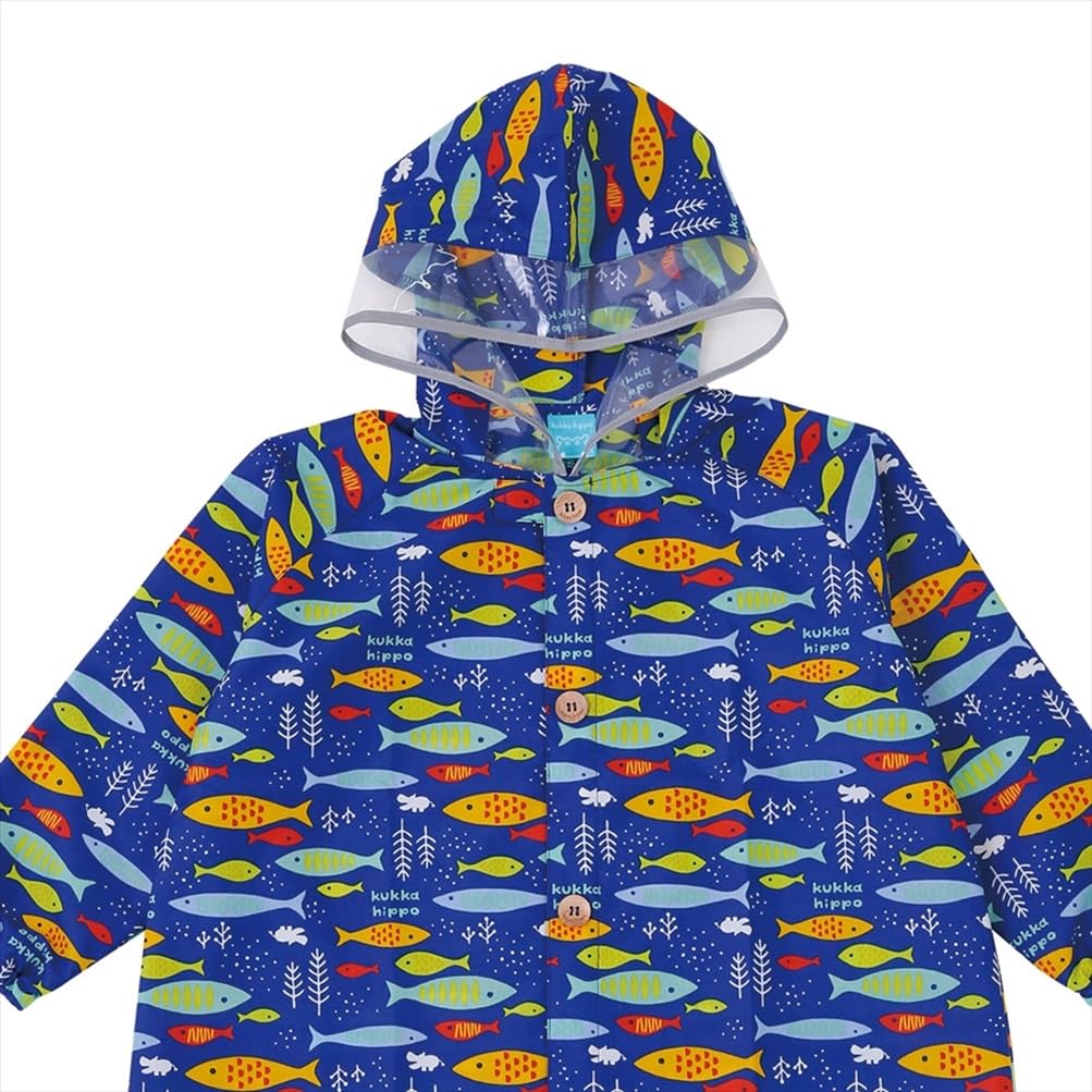 Ogawa Kukka Hippo Fish Design with Reflective Backpack with Storage and Adjustable Tucks for Wearing Over a Backpack Kids' Raincoat, 110cm, Tape,