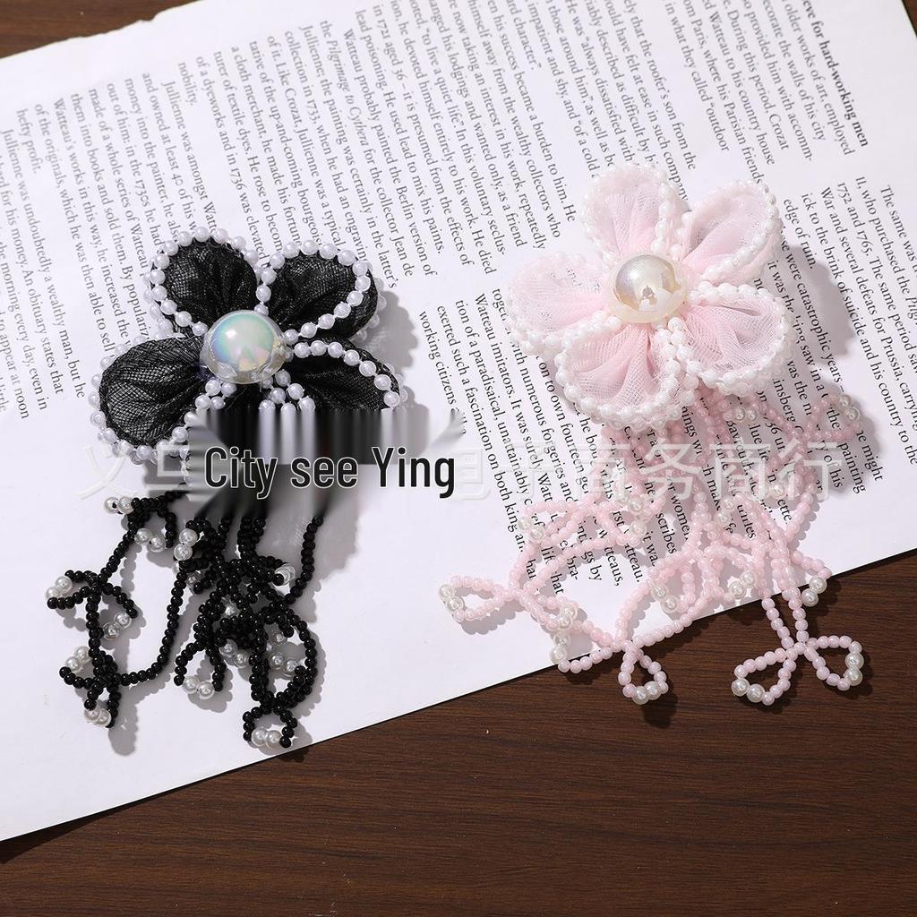 Korean Tassel Seed Bead Pearl Flower Earrings, Hair Clips, and Brooch Accessories