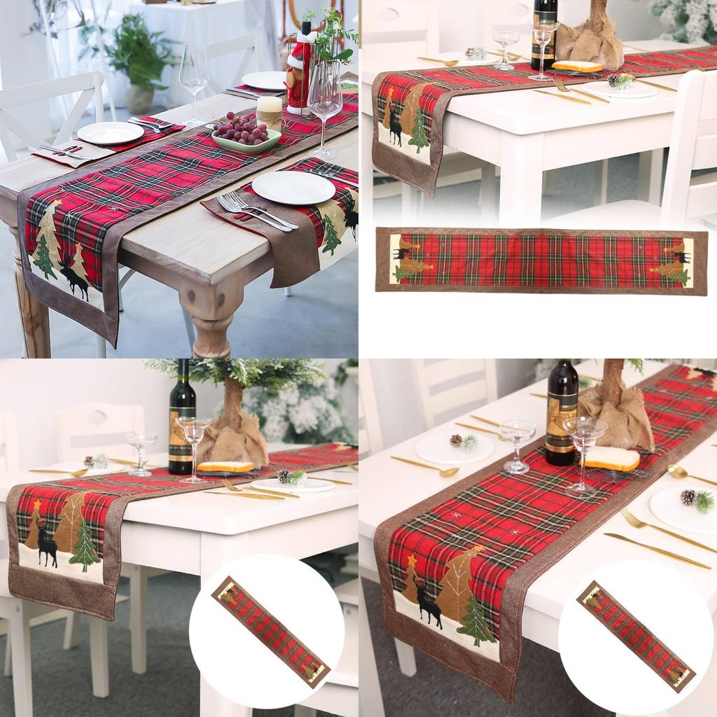 Charming Christmas Table Flag Stylish Plaid Fabric Embroidered Table Decor For Holiday Gatherings