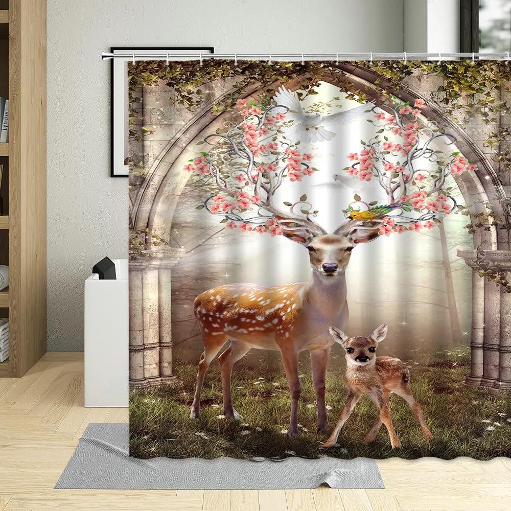 Dämmerung Herbst Grasland Elch Duschvorhang Hirsche Tier Muster Badezimmer Dekor Badezimmer Vorhänge Wasserdichtes Gewebe Mit Haken Polyester