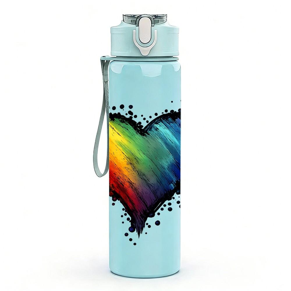1PC Rainbow Gradient Heart Art 750ml Color Plastic Sports Water Bottle Leakproof Flip Straw Lid Suitable for Sports Office Home Use