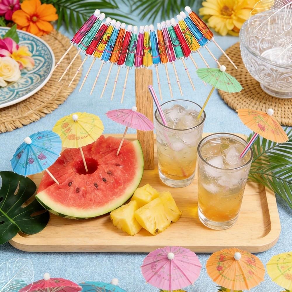 100PCS Paper Umbrella Tops Cocktail Picks Wooden Sticks Decorative Skewers Dessert Topping