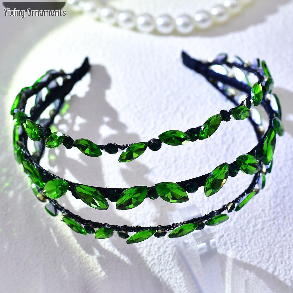 Yixing Forest Luxury Green Rhinestone Bridal Headband, 3-Layer Elegant Headdress A133.