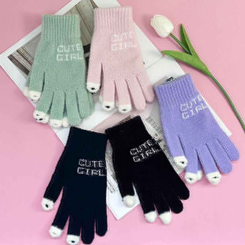 Winter Knitted Gloves Cute Thicken Warm Outdoor Touch Screen Leaky Finger Cold Proof Comfortable Cycling Gloves 1/2/3/4/5 Pairs