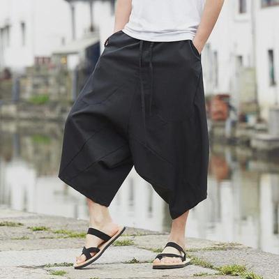 Men’s Ethnic Wide-Leg Linen Cropped Pants - Hip-Hop Style