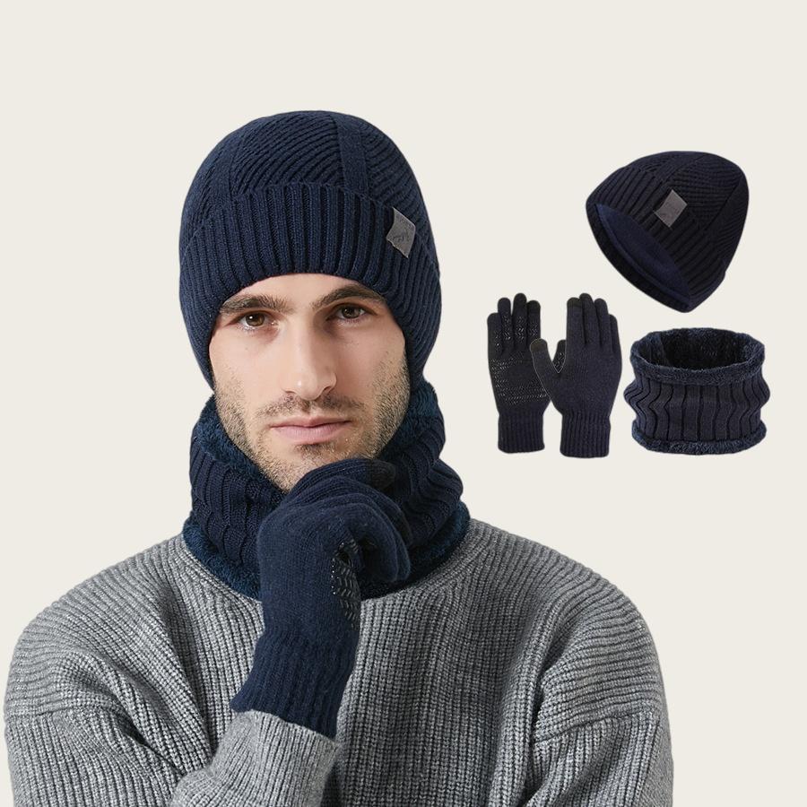 

Winter Thick Men s Hat Women Scarf Gloves Cycling Anti-Slip Earflap Knitted Hat Set Fleece Warm 3pcs One Size
