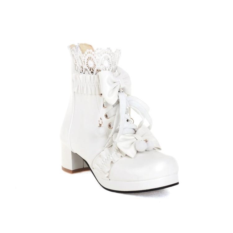 Autumn and Winter New Lolita Short Boots Women and Girls Cute Flower Bow Lace Mesh Martin Boots