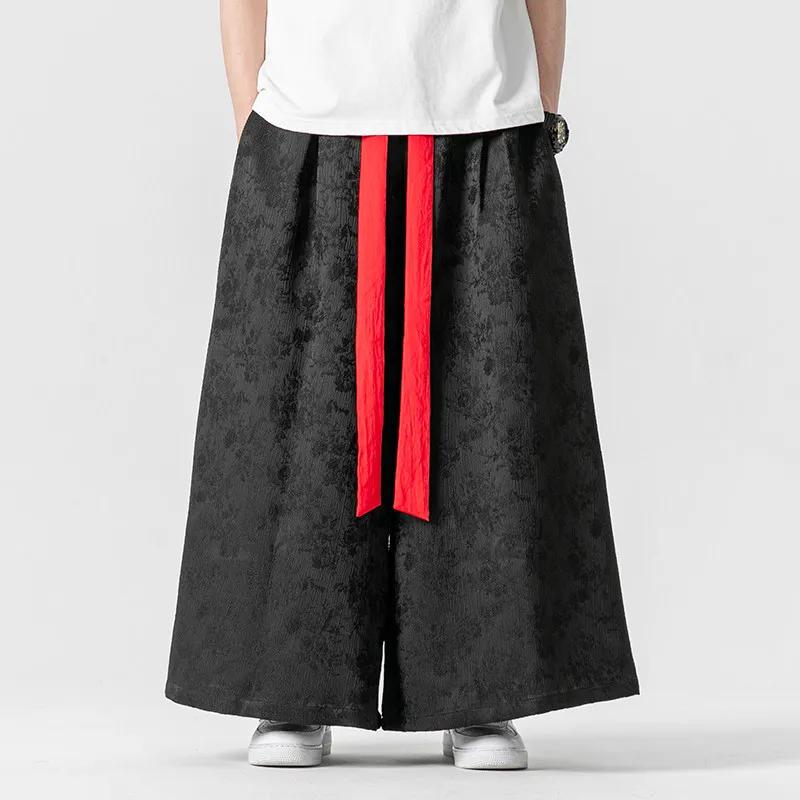 

2026 Men Loose Wide Leg Pants Spring Men Casual Black Skirt Pants Fashion Flared Pants Chinese Style Men Print Harajuku Trousers M чорний