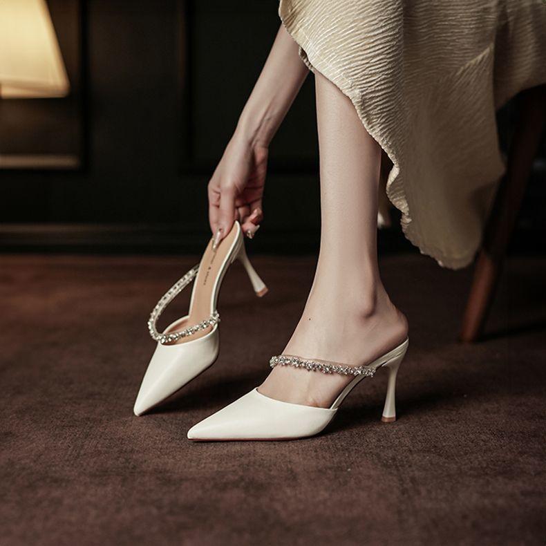 Wear One Word with Pointed Head and Half Slippers In the Summer of 2025, the New French High-end Rhinestone Bag Head Women's High Heels