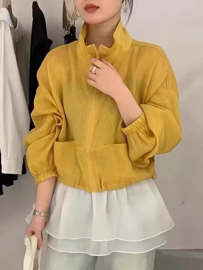 

Женская куртка из рами в корейском стиле с воротником-стойкой на молнии - Весна/Лето 2025, Простой универсальный повседневный приталенный топ L жёлтый