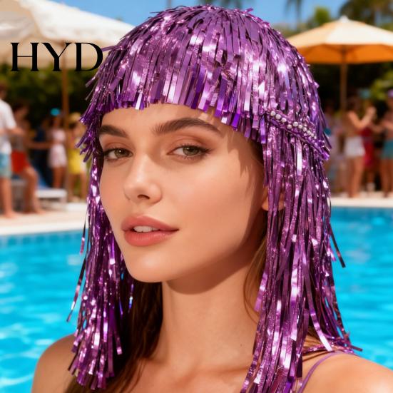 PET Glossy Ribbon Wig Colorful Foil Tinsel Wigs Metallic Fancy Party Shiny Cosplay Costume Photo Booth Prop for Adults Women Reflective Hair
