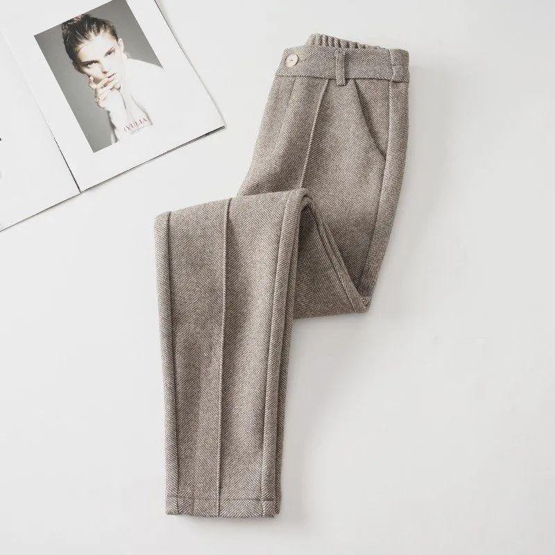 High Waist Wool Blend Pants Women Winter Thicken Plush Lined Harem Pantalones Office Casual Warm Ankle-length Woolen Spodnie