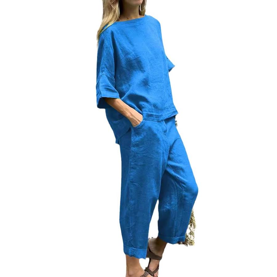 Sommer Neues Damen 2-teiliges Set Große Größe Baumwolle Leinen Hemd Set Hohe Taille Lockere Hose