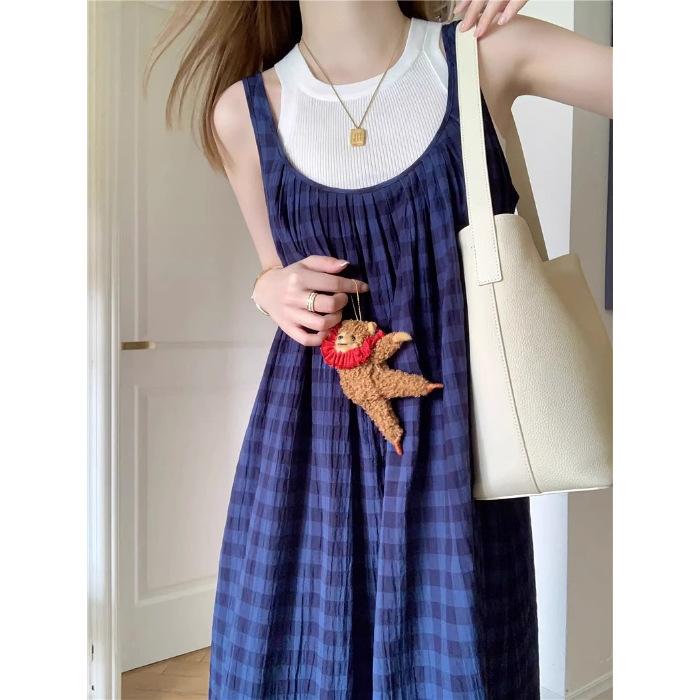 Blue plaid sleeveless dress French literary style Mori retro small fresh holiday suspender vest long dress S