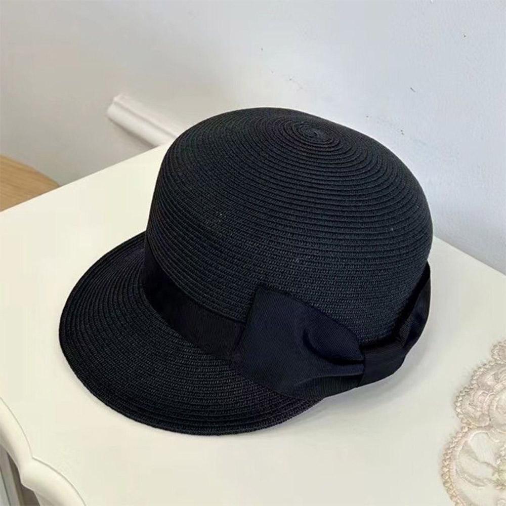 Elegant Straw Hat Sun Hats Women Summer French Retro Dome Top Hat Ladies Vacation Beach Straw Hat Black Bowknot Equestrian Hat