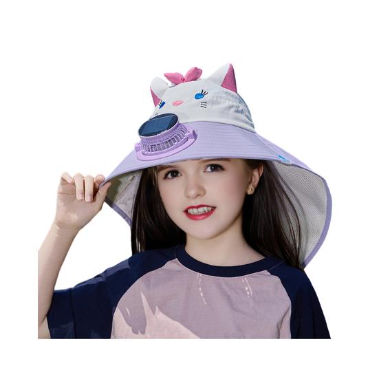 Kids Hat with Solar USB Powered Fan Cartoon Styling Shawl Design Adjustable Outdoor Hiking Cycling Fishing Cap