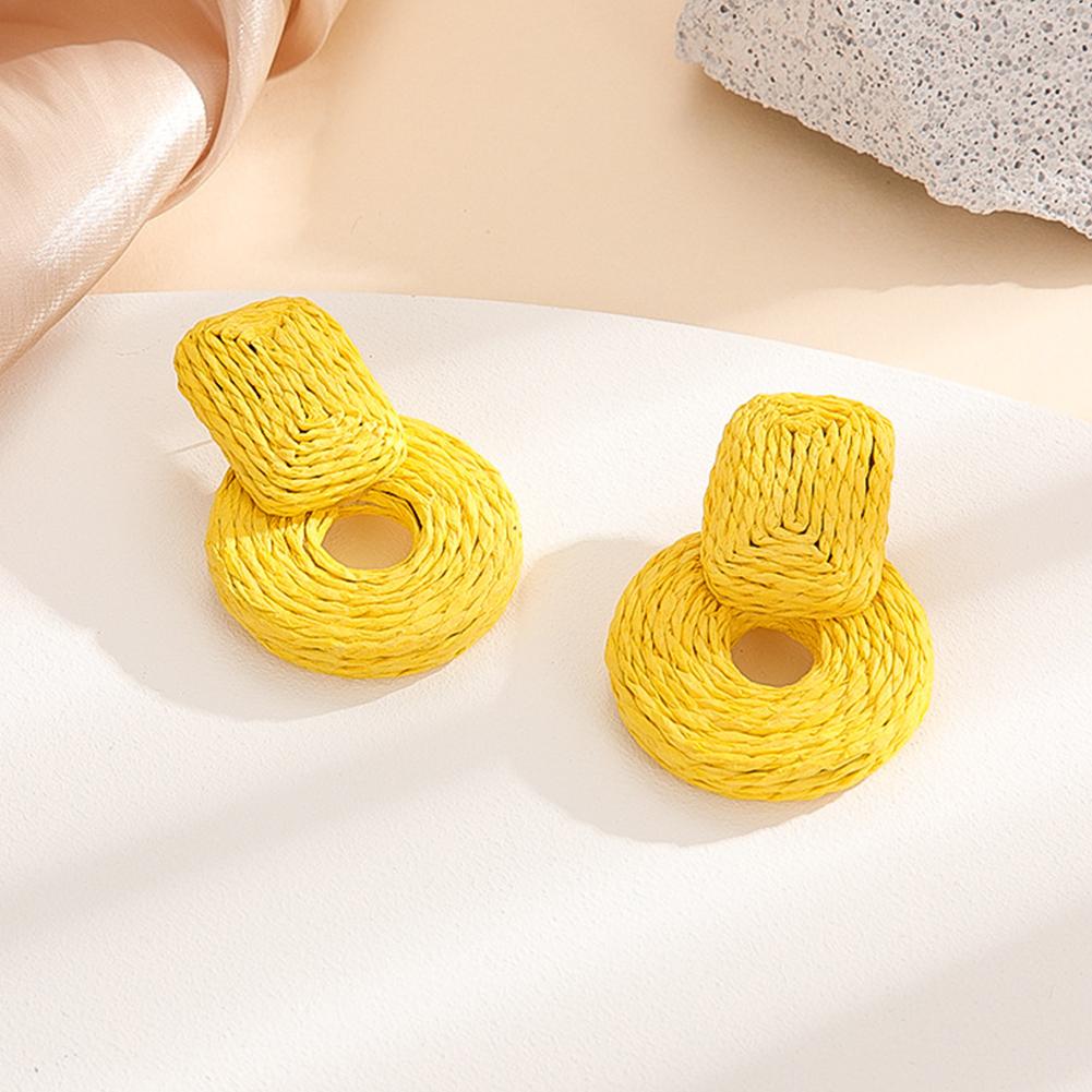 Women Rattan Earrings Boho Straw Wrapped Geometric Round Earrings Summer Tropical Beach Jewelry