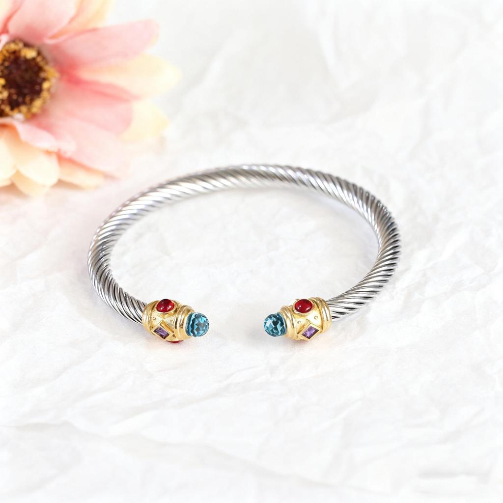 Stylish European-American 18K Gold Stainless Steel Wire Bracelet for Women, Geometric Open Design, Inlaid with Colored Diamonds, Colorfast.