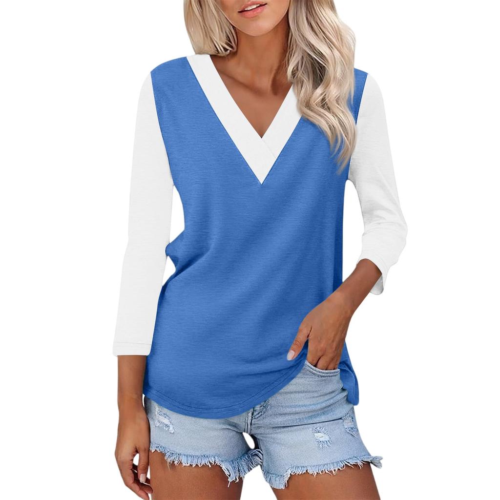 Damen Casual Mode Sexy Bequem V-Ausschnitt Farbblock Dreiviertelarm Top