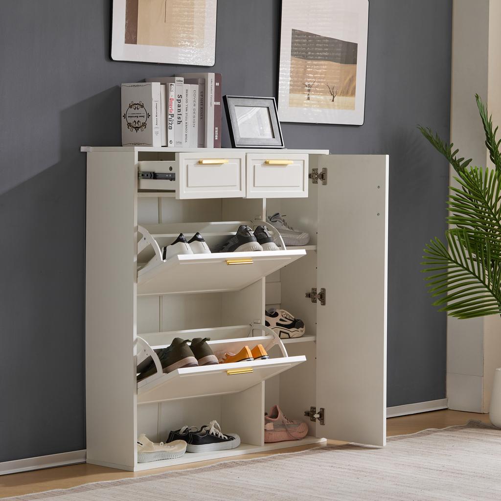 Modern Shoe Cabinet, with Adjustable Shelves, Gold Handles, Drawers, Flip-Down Shoe Cabinet and Doors, White, W95/D24/H107.5